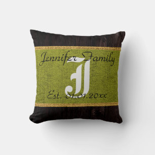 Monogram Green Rustic Burlap Linen Wood Look Kissen