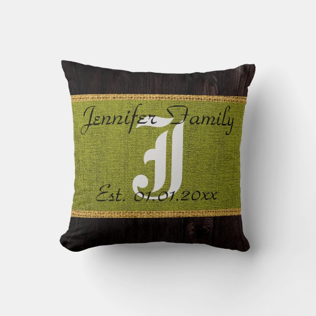 Monogram Green Rustic Burlap Linen Wood Look Kissen (Vorderseite)