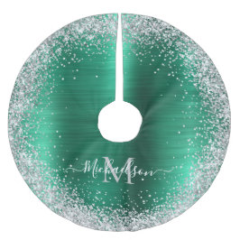 Monogram Green Silver Glitzer Girly Glam Polyester Weihnachtsbaumdecke