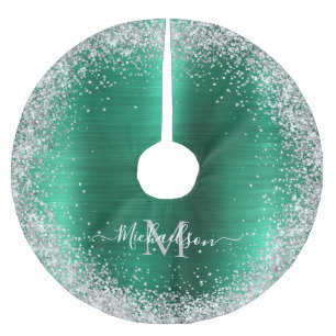 Monogram Green Silver Glitzer Girly Glam Polyester Weihnachtsbaumdecke