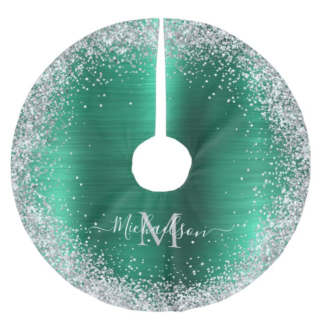 Monogram Green Silver Glitzer Girly Glam Polyester Weihnachtsbaumdecke (Vorderseite)