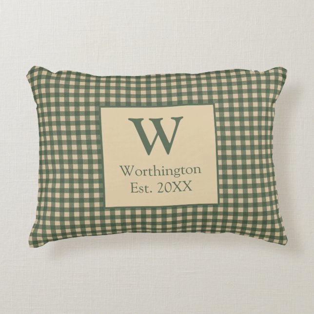 Monogram Green Tan Beige Buffalo Kariertes Land Dekokissen (Vorderseite)