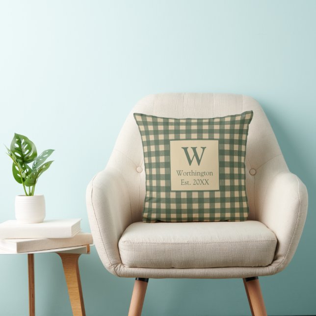 Monogram Green Tan Beige Buffalo Kariertes Land Kissen (Stuhl )