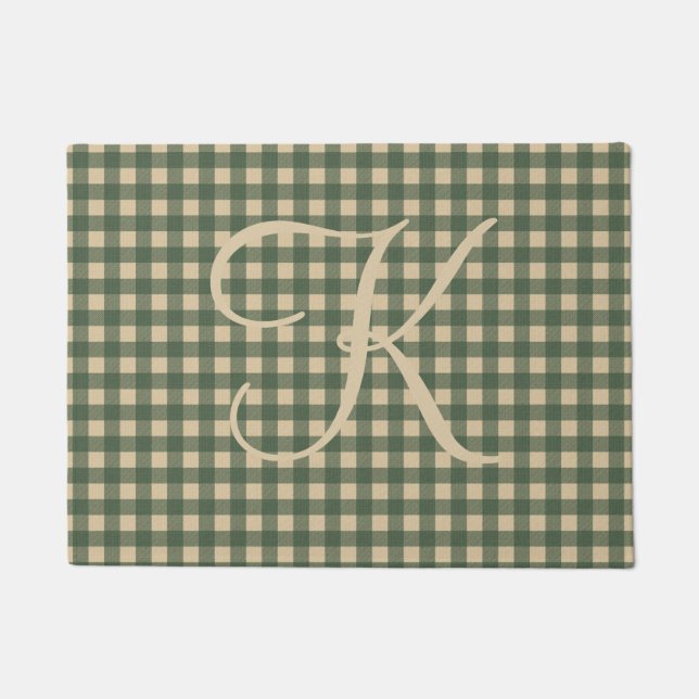 Monogram Green Tan Buffalo Kariert Rustikales Land Fußmatte (Vorderseite)
