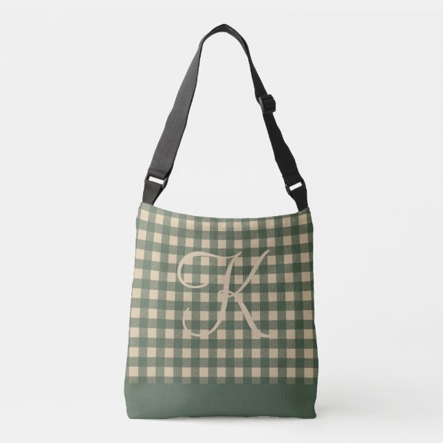 Monogram Green Tan Buffalo Kariert Rustikales Land Tragetaschen Mit Langen Trägern (Vorderseite)