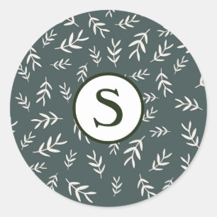Monogram Green Traditional Pine Needles Holiday Runder Aufkleber