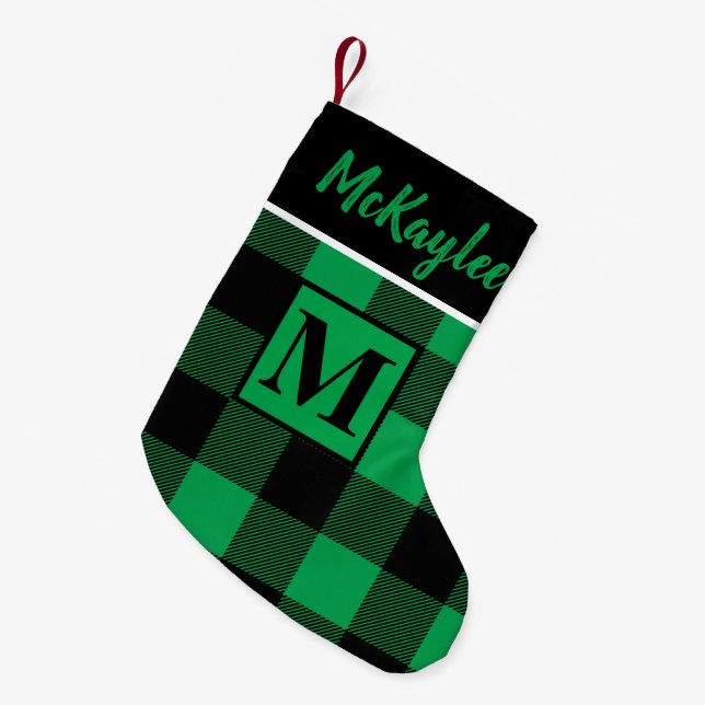 Monogram Green und Black Buffalo Kariert personali Kleiner Weihnachtsstrumpf (Vorderansicht (hängend))