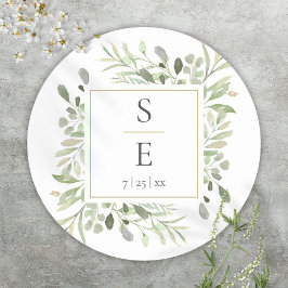 Monogram Greenerity Foliage Gold Wedding Runder Aufkleber