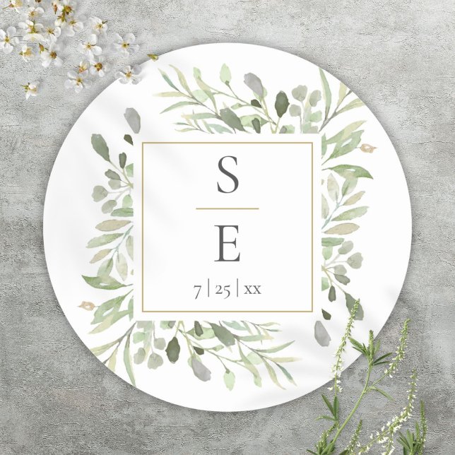 Monogram Greenerity Foliage Gold Wedding Runder Aufkleber (Monogram Greenery Foliage Gold Wedding Classic Round Sticker)