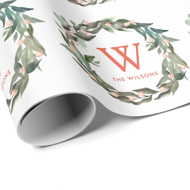 Monogram Greenerity Wreath Weihnachtsfeiertag Geschenkpapier (Rolleneckpunkt)