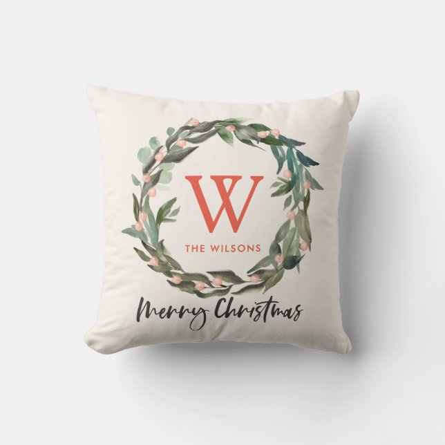 Monogram Greenerity Wreath Weihnachtsfeiertag Kissen (Vorderseite)