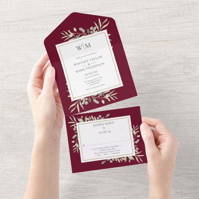 Monogram Greenery Botanical Burgundy Wedding All In One Einladung (Abreißen)