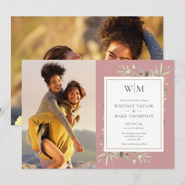 Monogram Greenery Dusty Rose Foto Wedding Einladung (Vorne/Hinten)