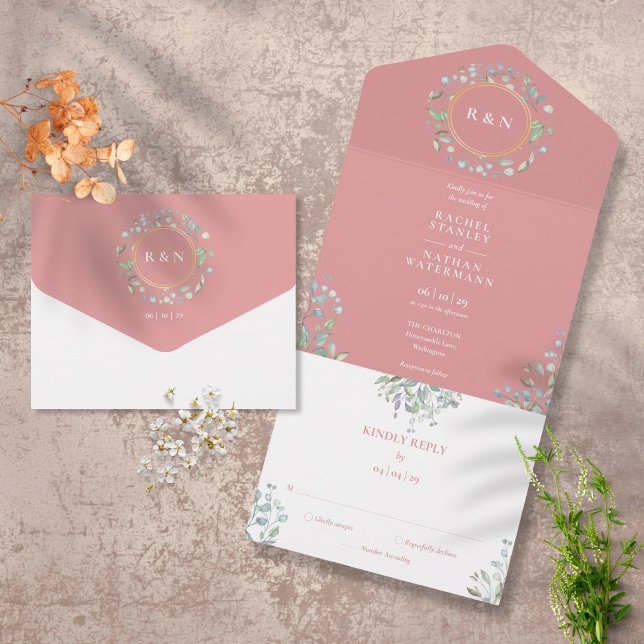 Monogram Greenery Floral Dusty Rose Wedding All In One Einladung (Von Creator hochgeladen)