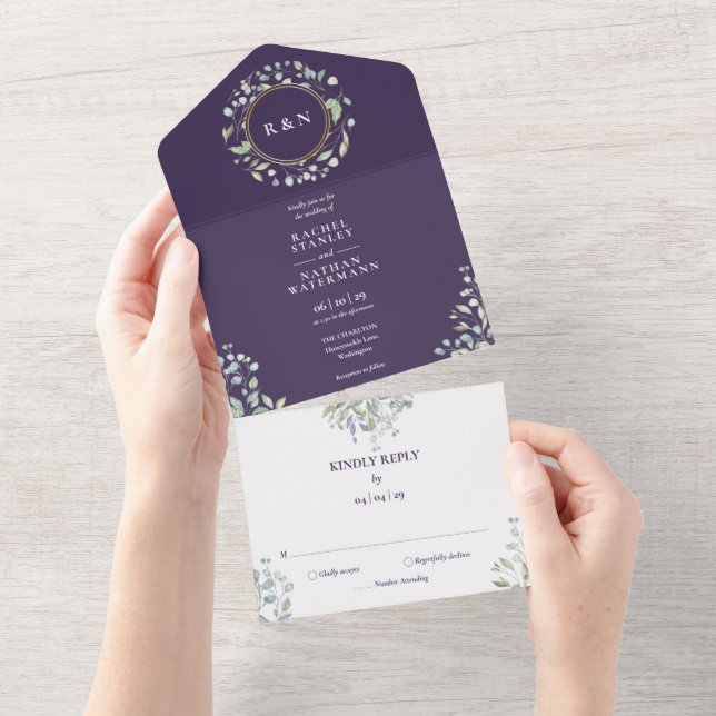 Monogram Greenery Floral Lila Wedding All In One Einladung (Abreißen)