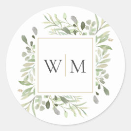 Monogram Greenery Modern Gold Wedding Runder Aufkleber