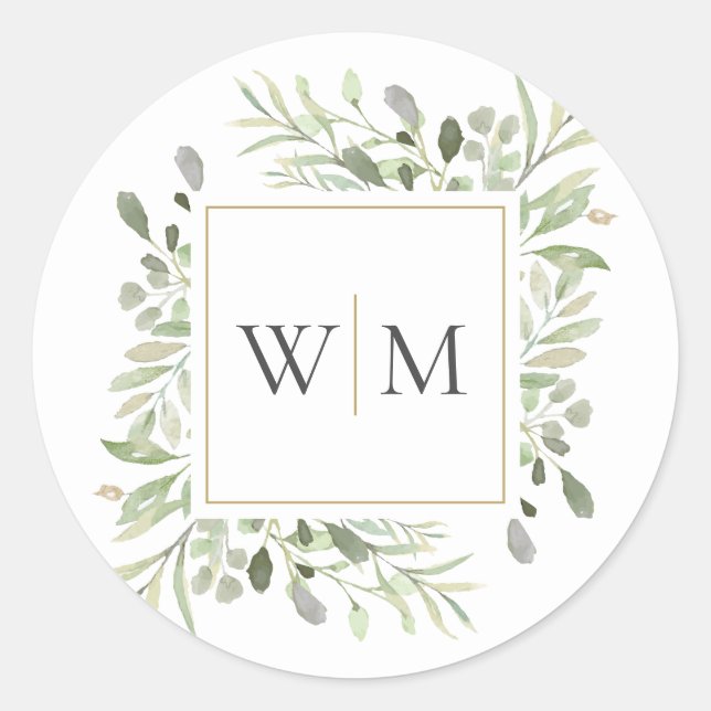 Monogram Greenery Modern Gold Wedding Runder Aufkleber (Vorderseite)