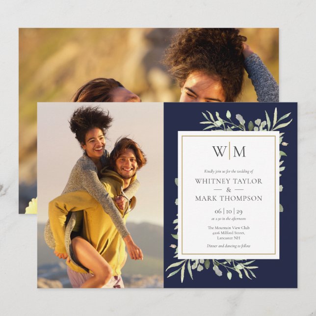 Monogram Greenery Navy Blue Foto Wedding Einladung (Vorne/Hinten)