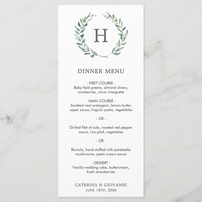 Monogram Greenery Wreath Elegant Wedding Menükarte (Vorderseite)