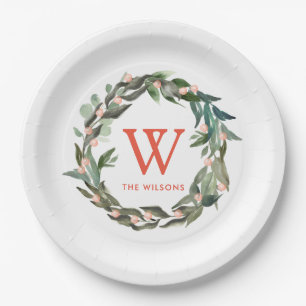 Monogram Greenery Wreath Holiday White Pappteller
