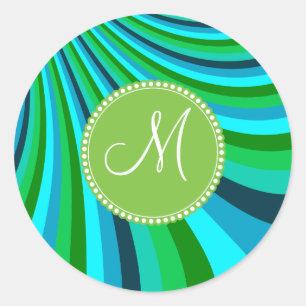 Monogram Groovy Blue Green Rainbow Slide Streifen Runder Aufkleber