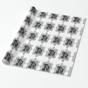 Monogram H Initial Black and White Floral Pattern Geschenkpapier