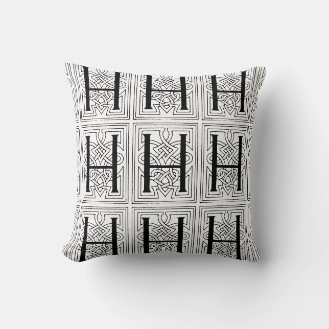 Monogram H Initial Black and White Scroll Pattern Kissen (Vorderseite)