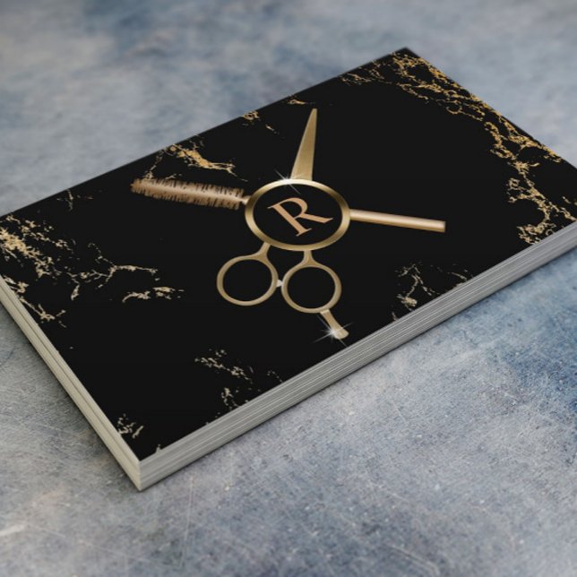 Monogram, Haarstylistin Luxury Black & Gold Marmor Visitenkarte (Von Creator hochgeladen)