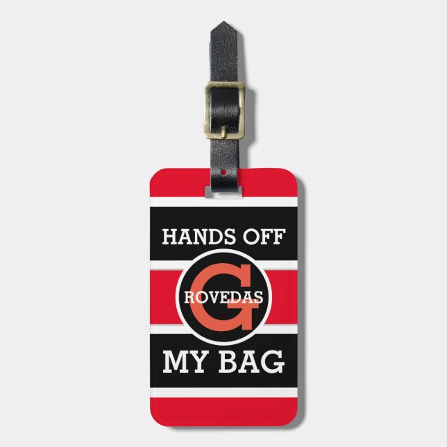 Monogram-Hände von meinem Bag-Text auf Red White B Gepäckanhänger (Vorderseite vertikal)