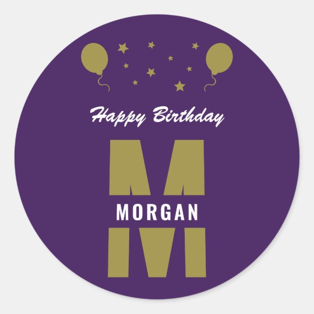 Monogram Happy Birthday any Age Lila White Gold Runder Aufkleber (Vorderseite)
