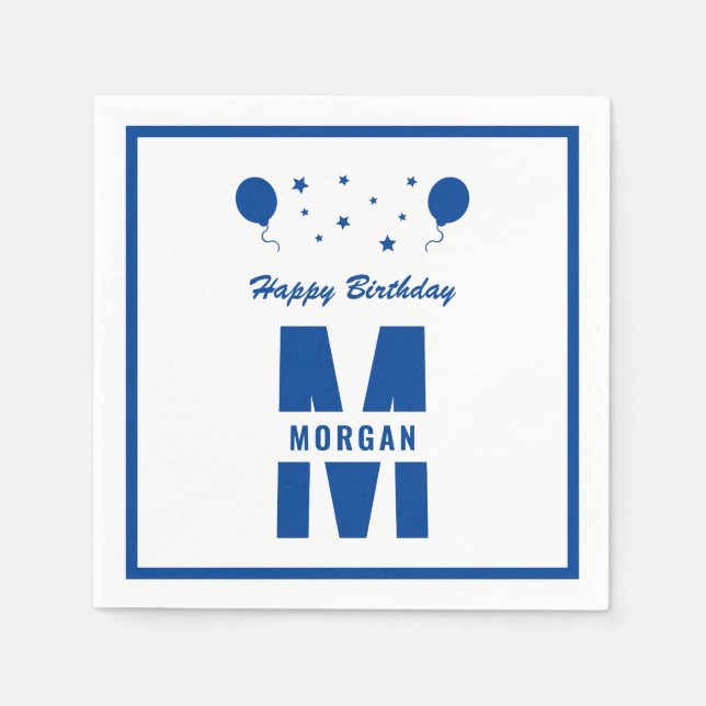 Monogram Happy Birthday any Age White Blue Stars Serviette (Vorderseite)