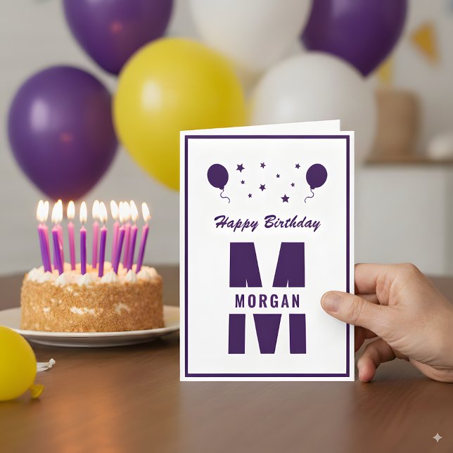 Monogram Happy Birthday any Age White Lila Stars Karte (Von Creator hochgeladen)