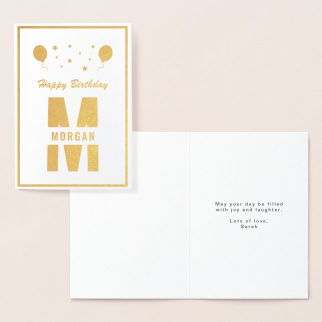 Monogram Happy Birthday jedes Alter weiß und Gold Folienkarte (Anzeige)