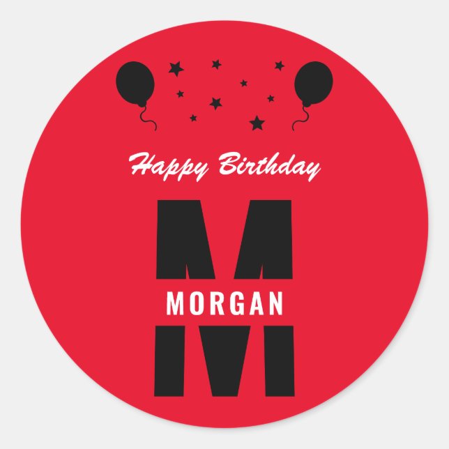 Monogram Happy Birthday Jegliche Altersstufe Rot S Runder Aufkleber (Vorderseite)
