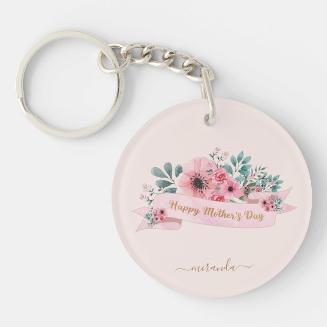 Monogram Happy Mother's Day Pink Floral Schlüsselanhänger (Vorderseite)