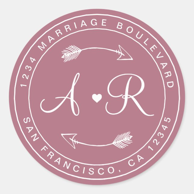 Monogram Heart Arrow Wedding Rücksendeadresse Runder Aufkleber (Vorderseite)