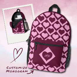 Monogram Heart Checkerboard Pattern Bordeaux Pink  Bedruckter Rucksack