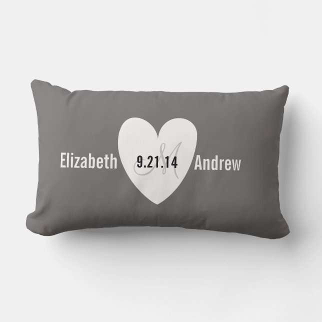 Monogram Heart Gray Wedding Anniversary Pillow Lendenkissen (Vorderseite)