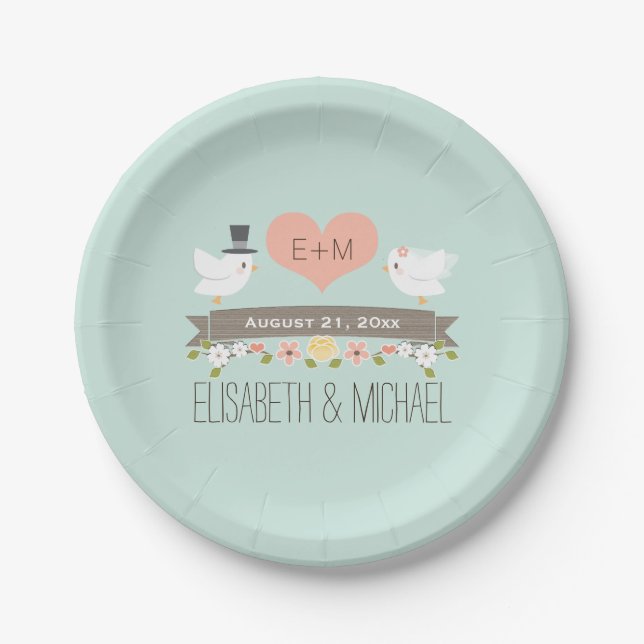 Monogram Heart Mint Green Love Bird Dove Wedding Pappteller (Vorderseite)