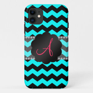 Monogram, helle Aqua und schwarze Chevronen iPhone 11 Hülle