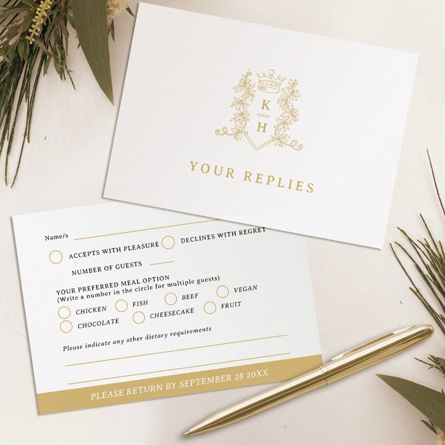 Monogram Herz Wappen handgezeichnete weiße Hochzei RSVP Karte (Von Creator hochgeladen)