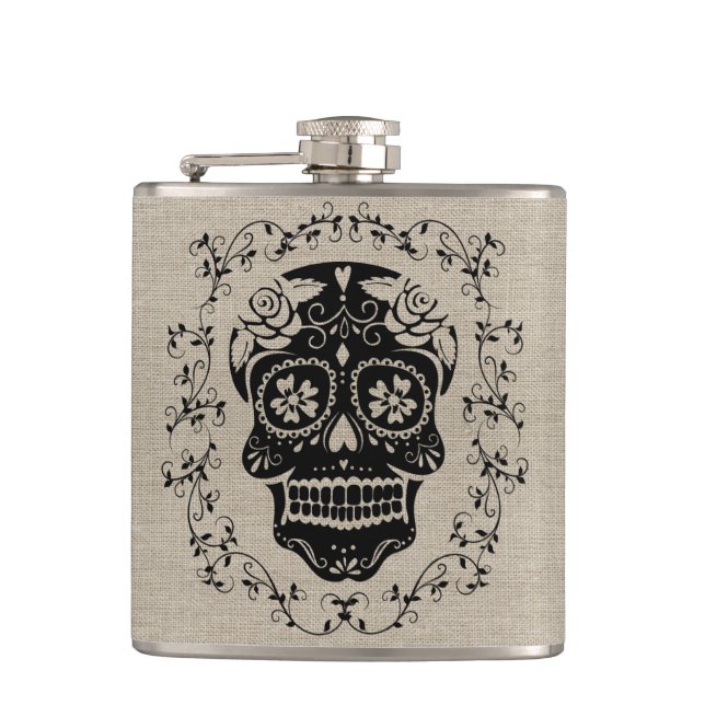 Monogram Hipster Black Sugar Skull auf Burlap Flachmann (Vorderseite)