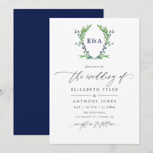 Monogram-Hochzeit für Navy Blue und White Laurel W Einladung