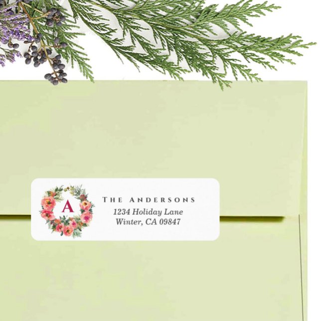 Monogram Holiday Pink Joy Wreath Botanisches Label (Von Creator hochgeladen)