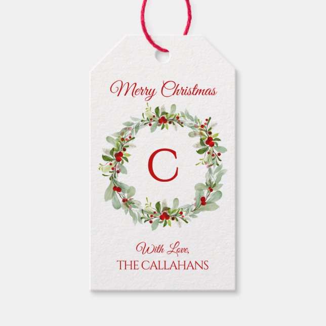 Monogram Holiday Wreath Gift Tag Geschenkanhänger (Vorderseite)