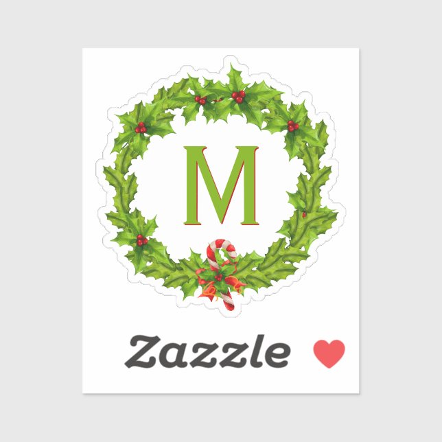 Monogram Holly Berry Wreath Cutout Single Aufkleber (Blatt)