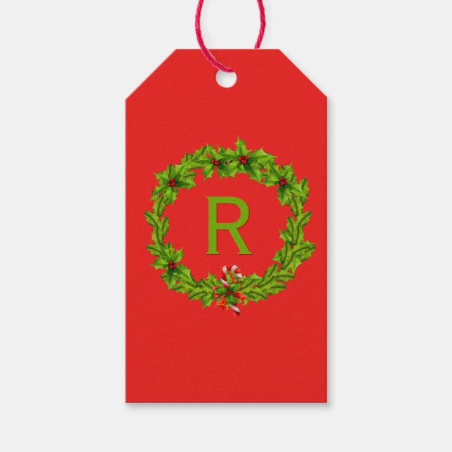 Monogram Holly Berry Wreath Personalized Initial Geschenkanhänger (Vorderseite)