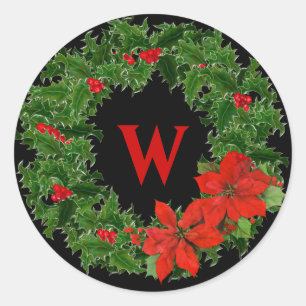 Monogram Holly Wreath Christmas Runder Aufkleber