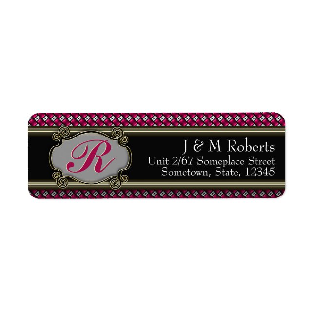 Monogram Hot Pink Black Gold Stylish Address Label (Vorne)