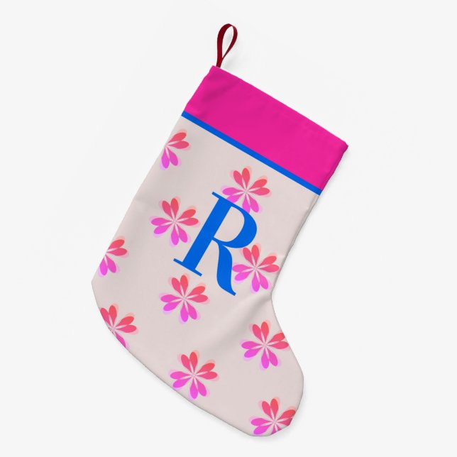 Monogram Hot Pink Blumen Christmas Kleiner Weihnachtsstrumpf (Vorderansicht (hängend))